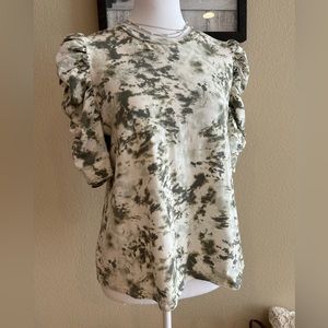 Chenault Women’s Tie Dye (Cream/Forest Green) Blouse w/Puff Sleeves - Size M